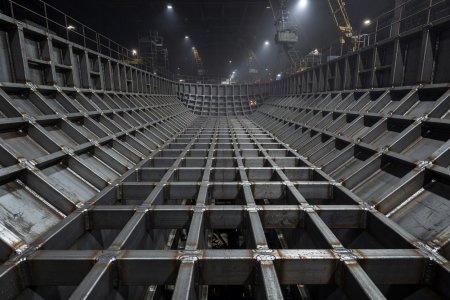 Shipyard interior view showing closely spaced transverse ice frames and horizontal stringers welded inside a polar bow